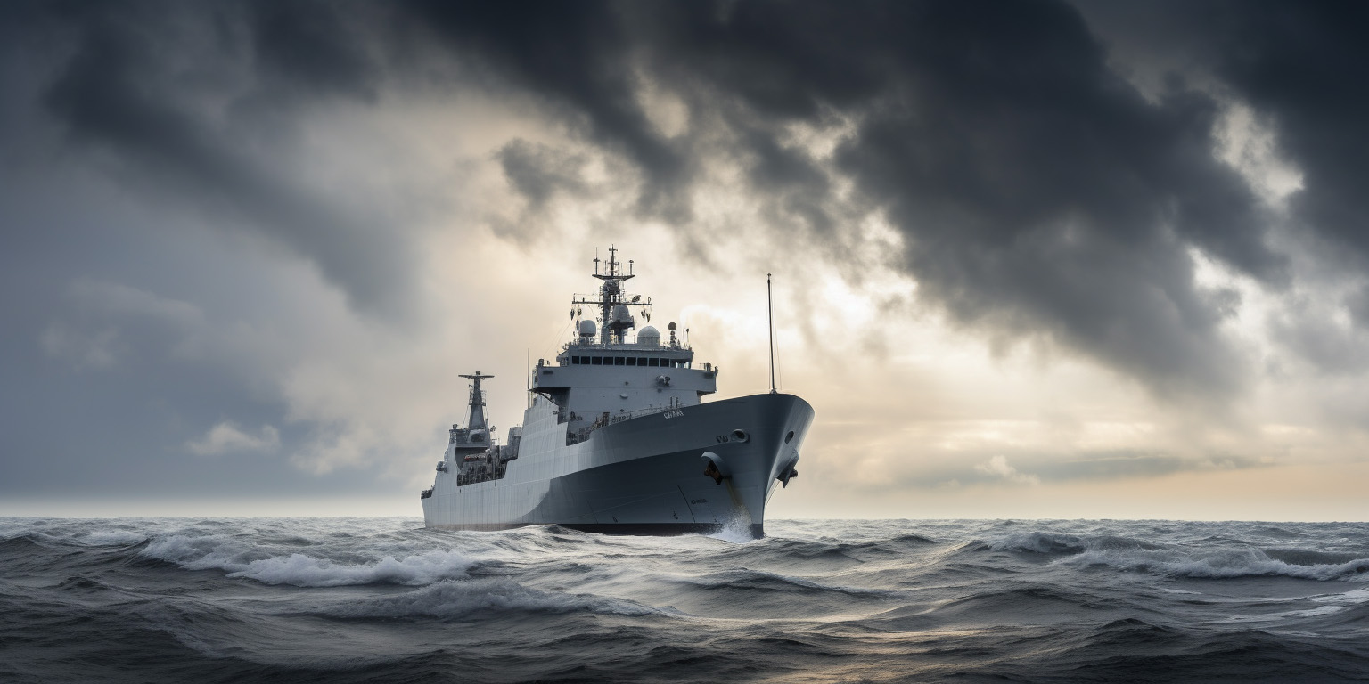 Ship out at sea under heavy weather and cloudy skies